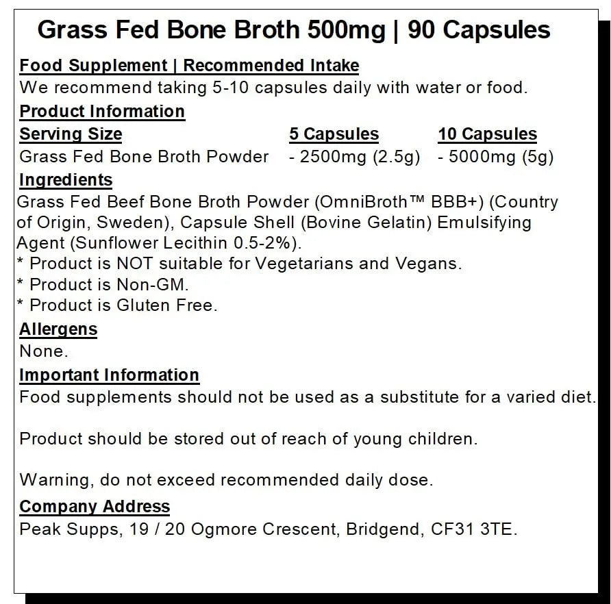 Grass fed Beef Bone Broth 500mg- 90 Capsules - Rich in Type 1 & 3 Collagen - AB Mystery