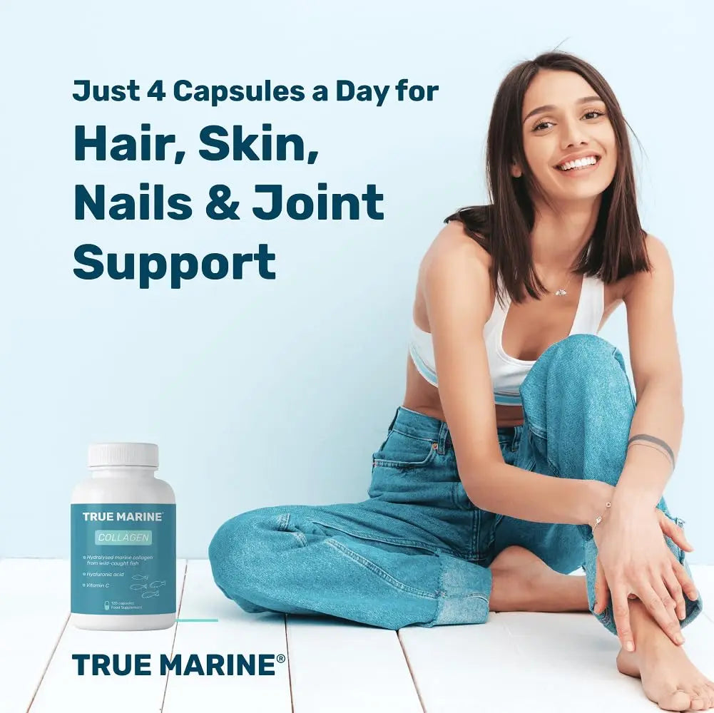 TRUE MARINE Collagen Capsules - 2,400mg of Marine Collagen with Hyaluronic Acid & Vitamin C - Skin, Hair, Nails & Joint Support TRUE MARINE