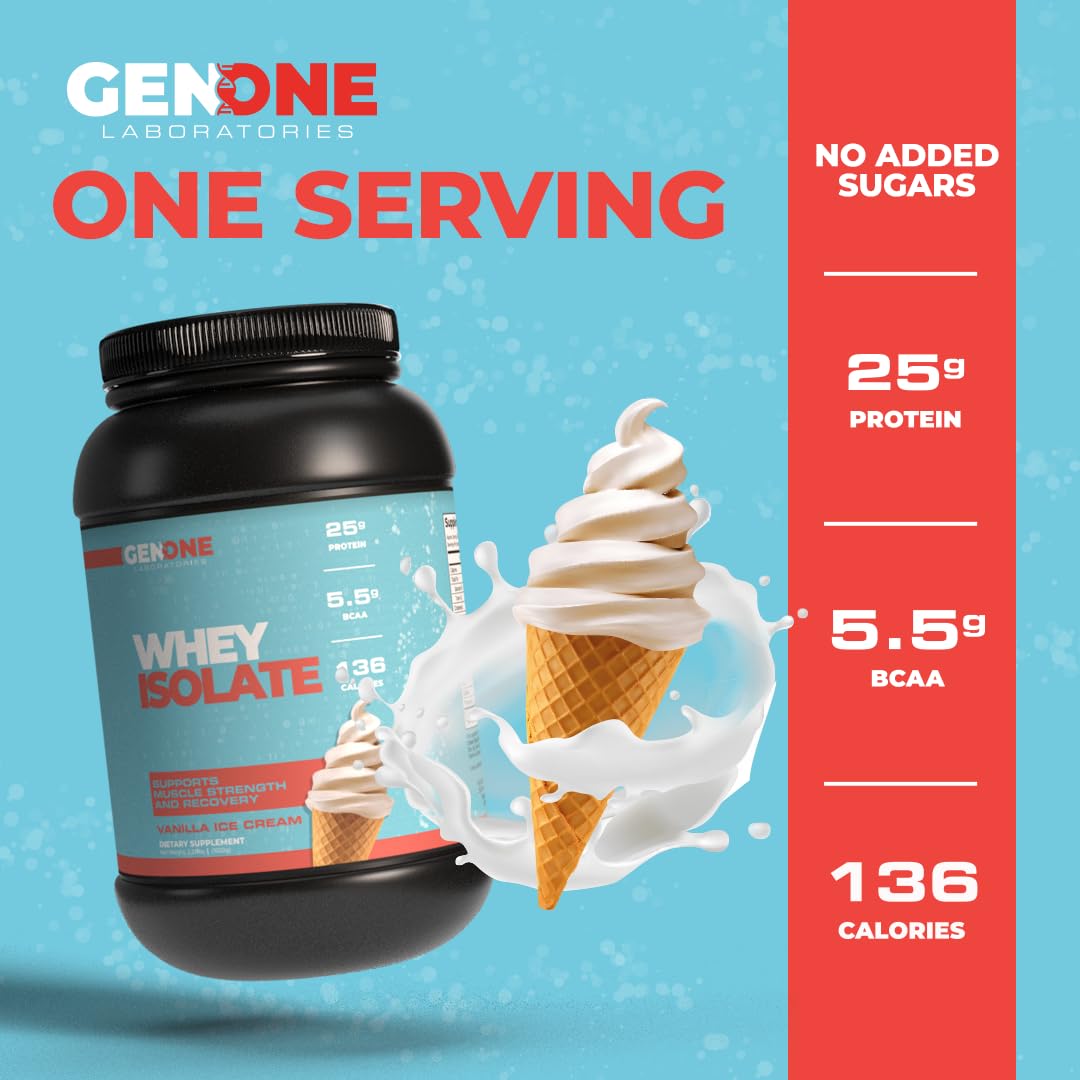 GenOne Whey Protein Powder Isolate, 25g Protein and 5.5g BCAAs per Serving, Vanilla Ice - AB Mystery