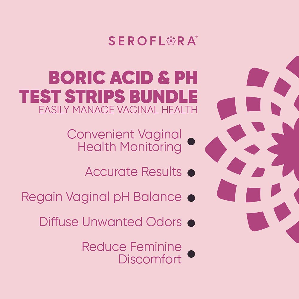 Seroflora Boric Acid Vaginal Suppositories 600mg (28ct) & 40 pH Test Strips for Women - AB Mystery