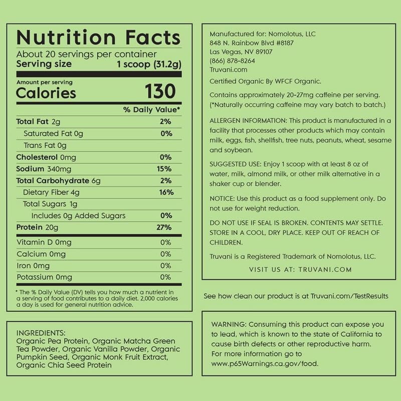 Truvani Organic Vegan Protein Powder Matcha - 20g of Plant Based, Organic Protein - AB Mystery