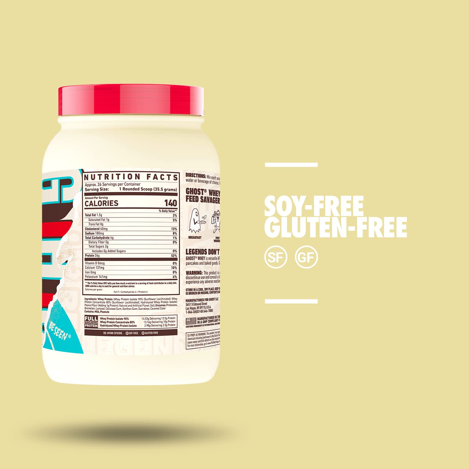 GHOST Whey Protein Powder, Peanut Butter Cereal Milk - 2LB Tub, 26G of Protein - AB Mystery