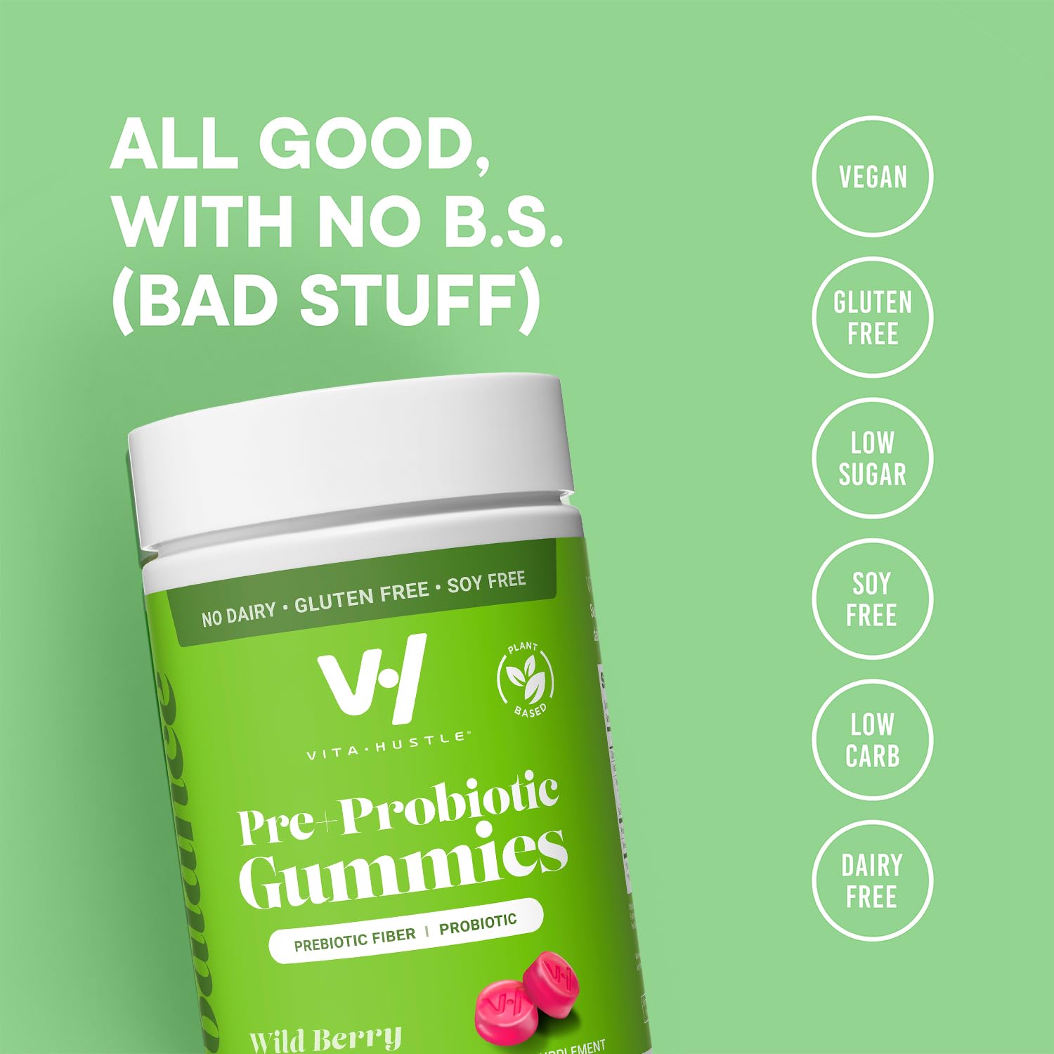 VitaHustle Probiotic Gummies + Prebiotics by Kevin Hart with Chicory Root Inulin Fiber - AB Mystery