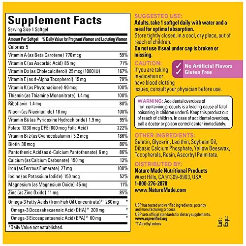 Nature Made Prenatal with Folic Acid + DHA, Prenatal Vitamin and Mineral Supplement Nature Made