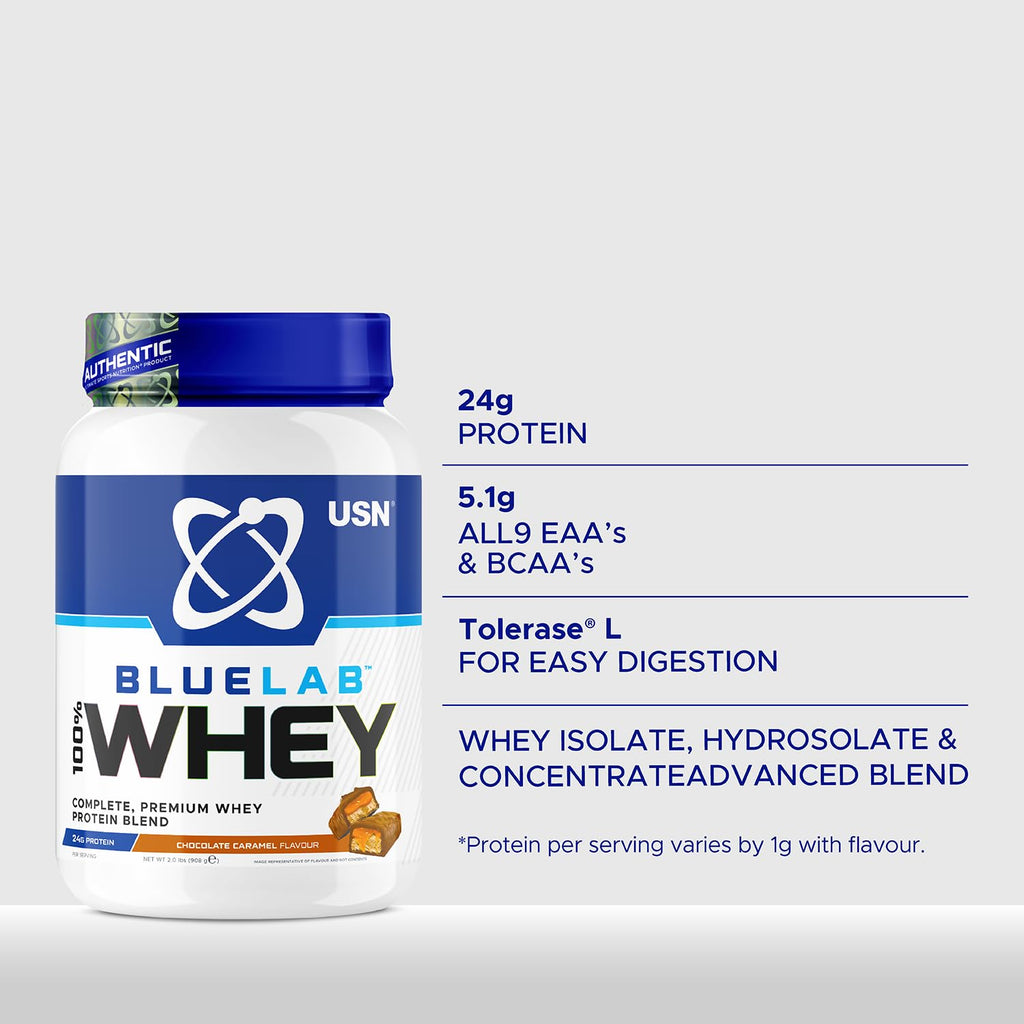 USN Blue Lab Whey Protein Powder: Chocolate Caramel - Whey Protein 908g USN