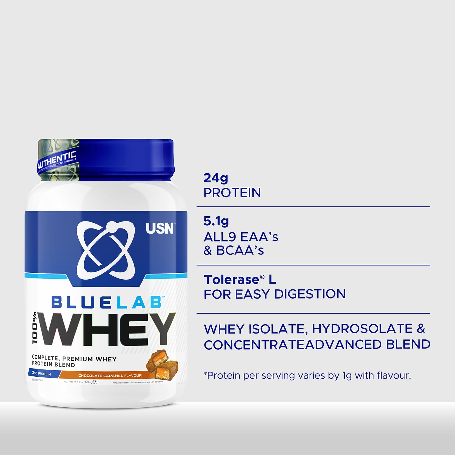 USN Blue Lab Whey Protein Powder: Chocolate Caramel - Whey Protein 908g USN