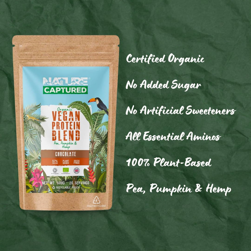 Organic & Raw Vegan Protein Blend (600g) - Chocolate Flavour - Pea, Pumpkin & Hemp Nature Captured