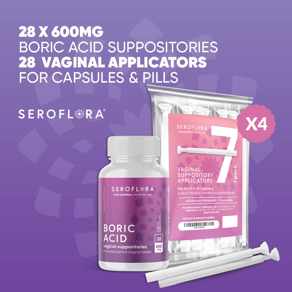 SEROVERA Seroflora Boric Acid Vaginal Suppositories 600 mg + Suppository Applicators Bundle - AB Mystery