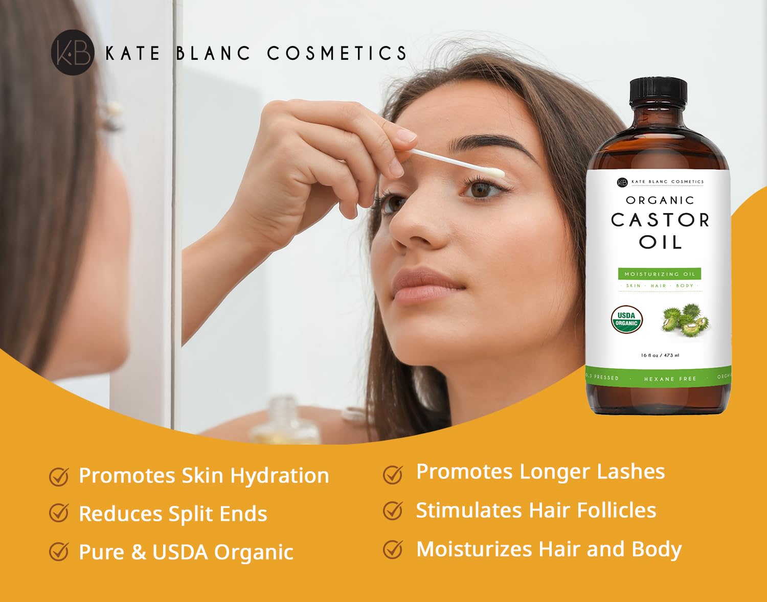 Kate Blanc Cosmetics Castor Oil Organic for Hair Growth & Body (16oz). 100% Pure Cold-Pressed - AB Mystery
