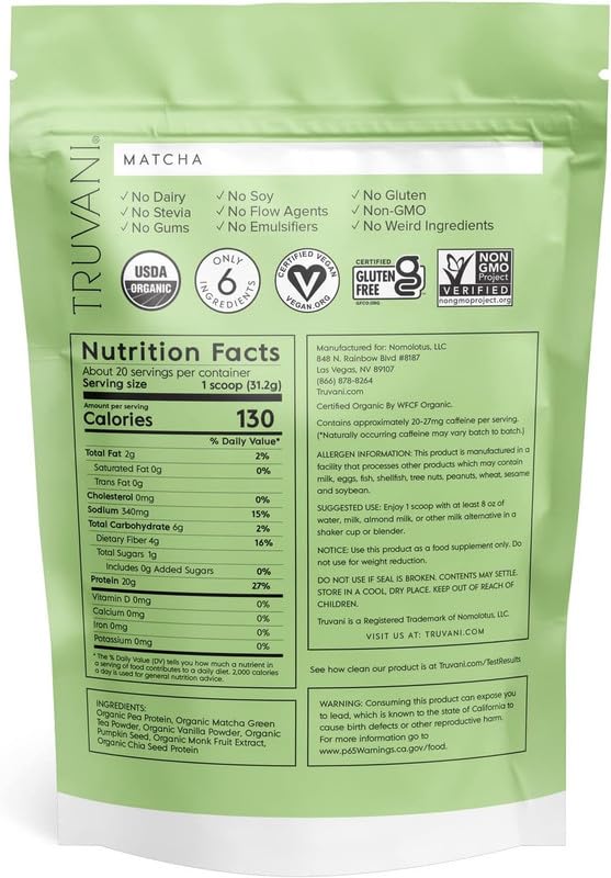 Truvani Organic Vegan Protein Powder Matcha - 20g of Plant Based, Organic Protein - AB Mystery