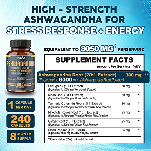 240 Capsules - 8 Month Supply - 7in1 Ashwagandha 8050mg - Combined With Fenugreek - AB Mystery