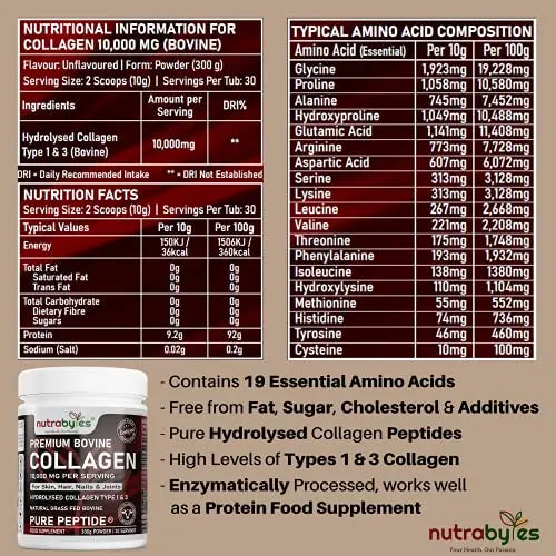 Pure Hydrolysed Collagen Powder 10000mg Bovine Type 1 & 3 Unflavoured|High Strength Protein Peptides for Women & Men NUTRABYTES