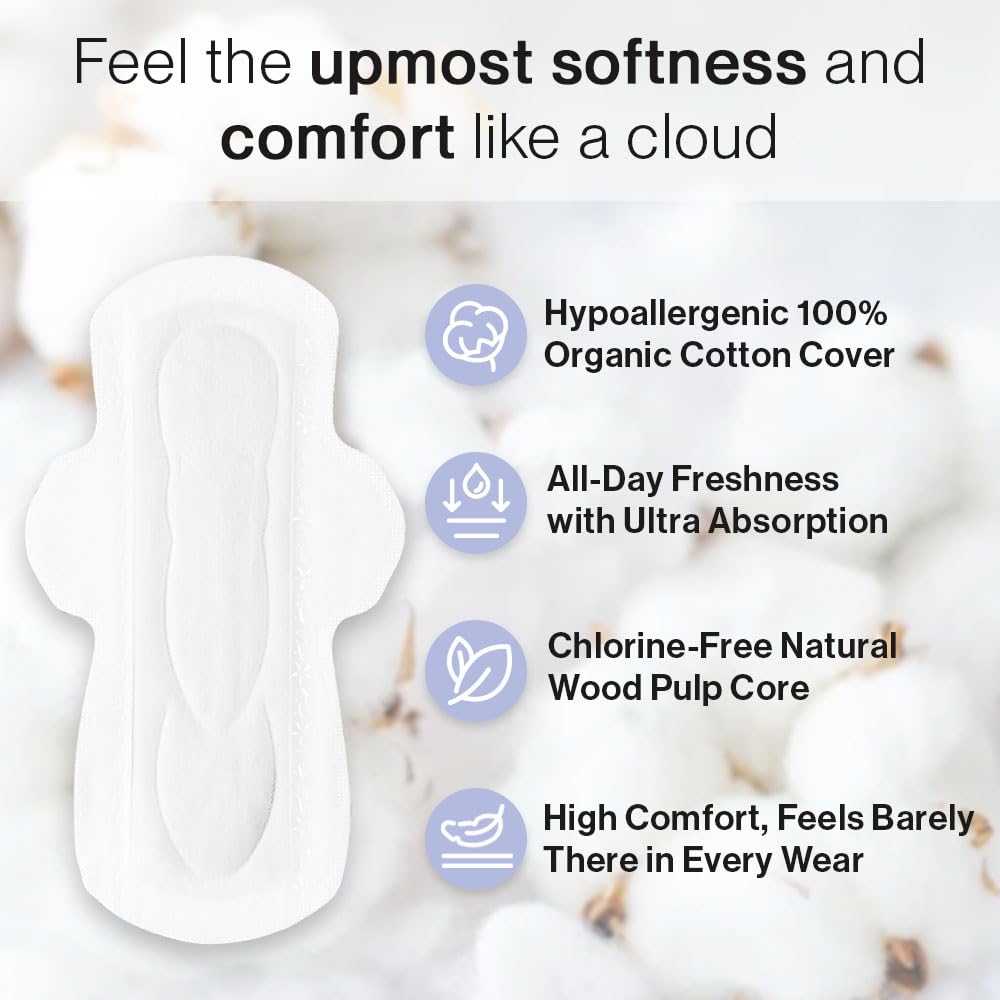 SANDIS Feminine Pad for Women - Regular 28 Count 100% Organic Cotton Ultra Thin with Wings - AB Mystery