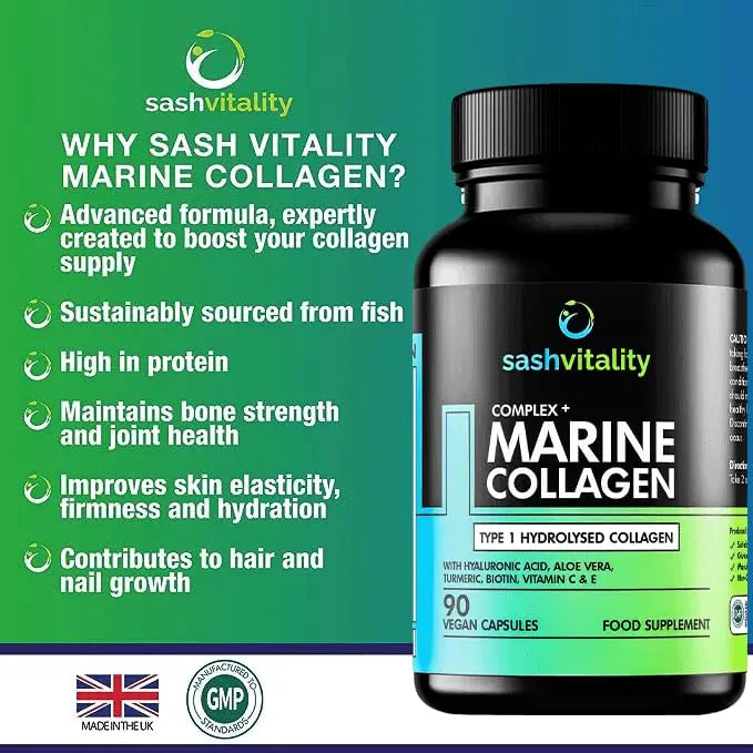 Marine Collagen Supplements - 90 Capsules with Vitamin C, Vitamin E, Hyaluronic Acid, Aloe Vera, Turmeric - AB Mystery