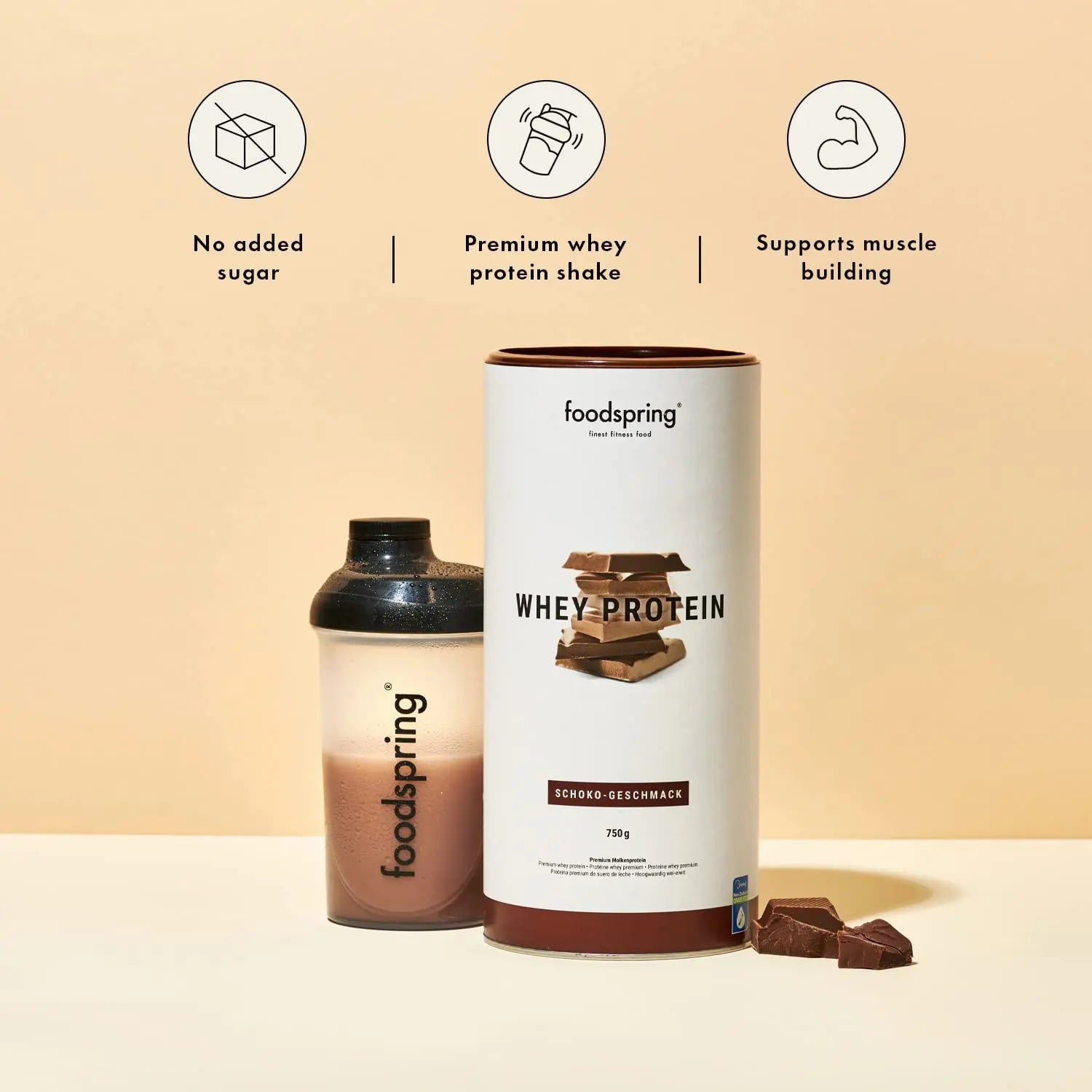 foodspring Whey Protein Powder Chocolate – with 22g Protein for Muscle Building, Perfect Solubility foodspring