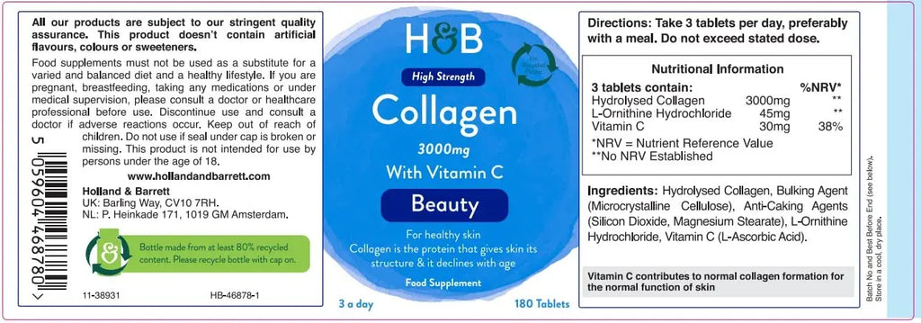 Holland & Barrett Bovine Collagen Tablet 3000mg - Type I Collagen Peptides - Hydrolysed Collagen with Vitamin C - Hair, Skin & Nails Holland & Barrett