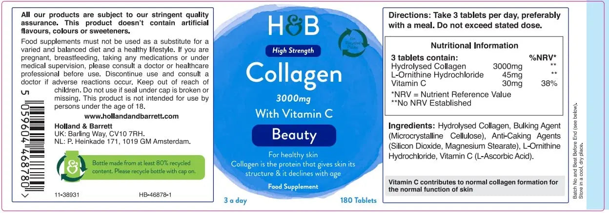 Holland & Barrett Bovine Collagen Tablet 3000mg - Type I Collagen Peptides - Hydrolysed Collagen with Vitamin C - Hair, Skin & Nails Holland & Barrett