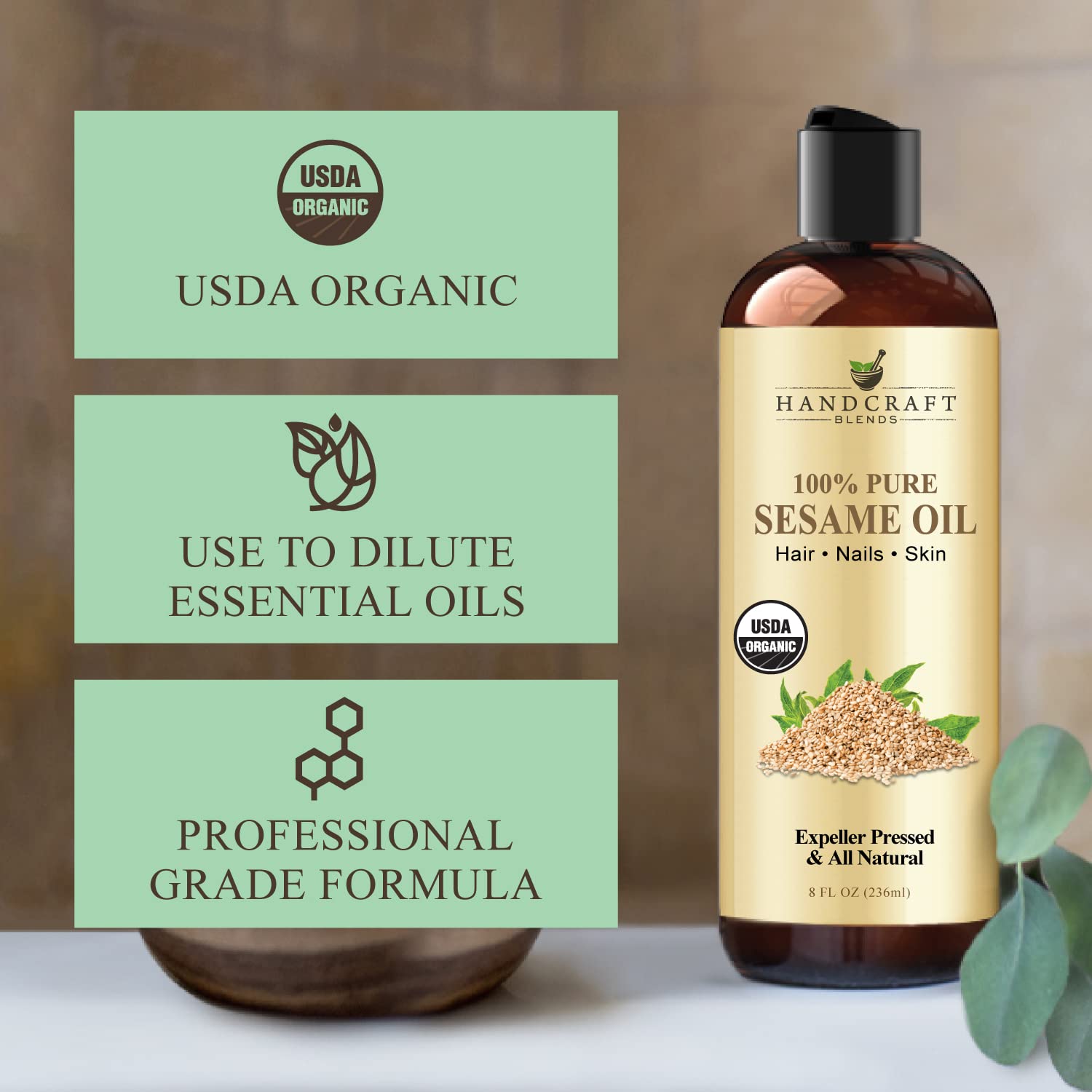 Handcraft Blends Organic Sesame Oil for Skin and Hair 8 oz - 100% Pure and Natural - Premium - AB Mystery