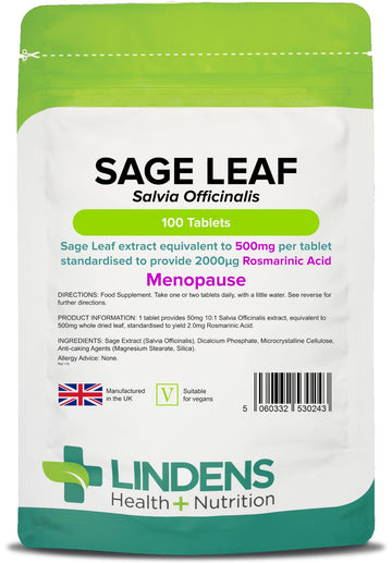 Lindens Sage Leaf 500mg 100 Tablets (Hot Flushes/flashes & Sweats in Menopause)