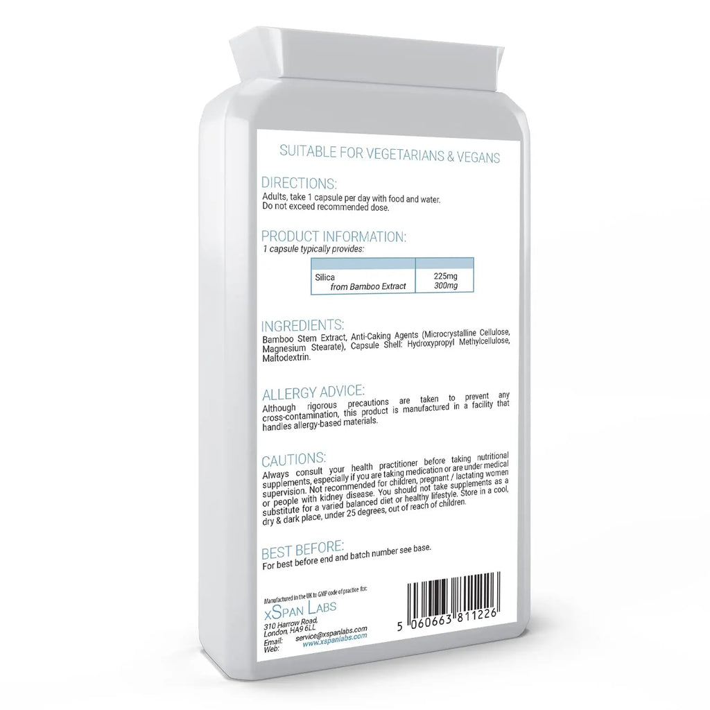 Silica 225mg – 90 Capsules - A Potent Highly Bioavailable Form - Naturally Sourced from Bamboo Extract - One-A-Day Vegan Capsules to Support Healthy Hair, Nails and Skin - Made in The UK Xspan Labs