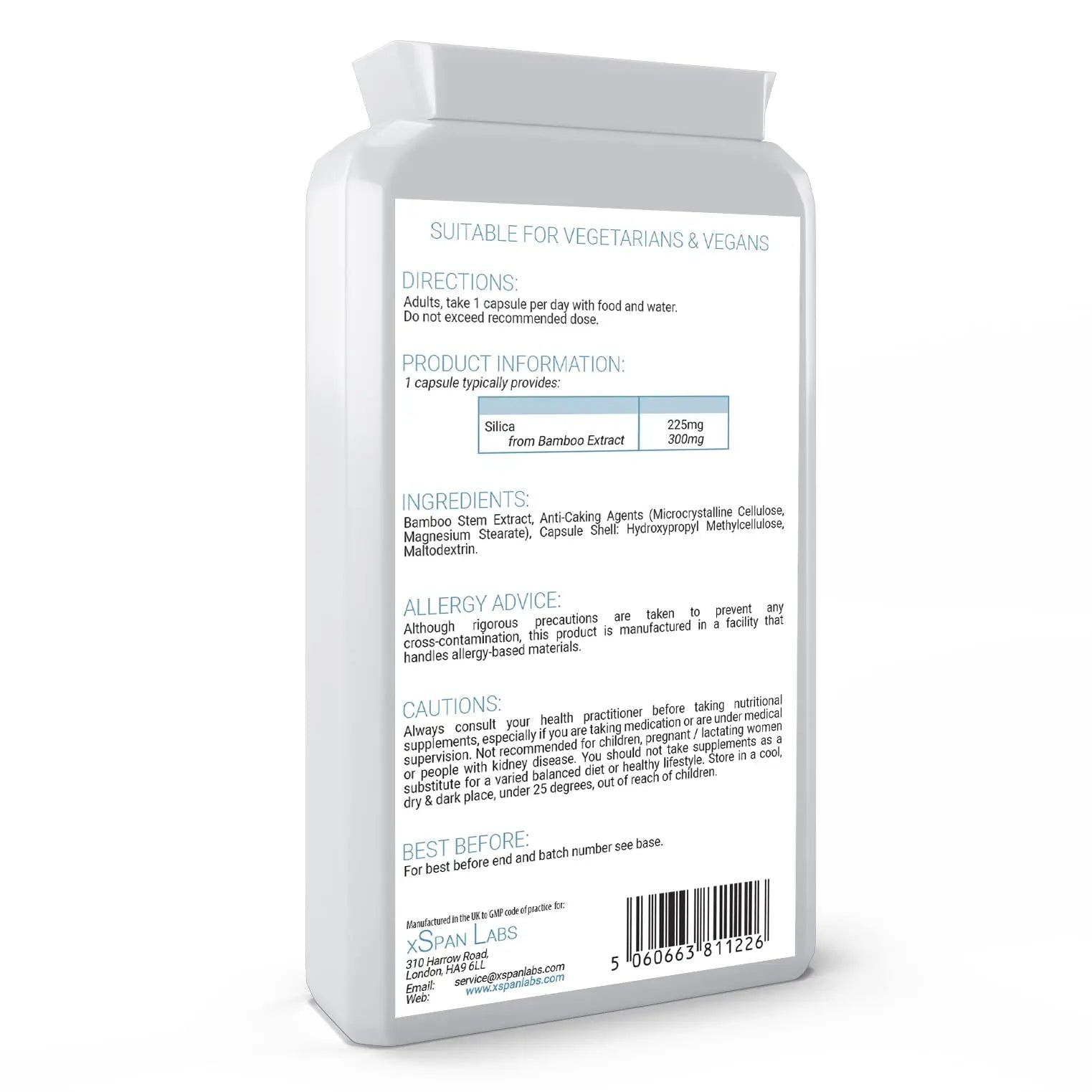 Silica 225mg – 90 Capsules - A Potent Highly Bioavailable Form - Naturally Sourced from Bamboo Extract - One-A-Day Vegan Capsules to Support Healthy Hair, Nails and Skin - Made in The UK Xspan Labs