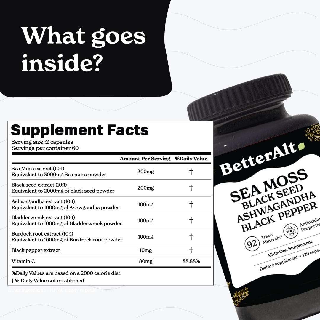 Better Alt Sea Moss Capsules- Irish Sea Moss with Black Seed Oil, Ashwagandha & Black - AB Mystery