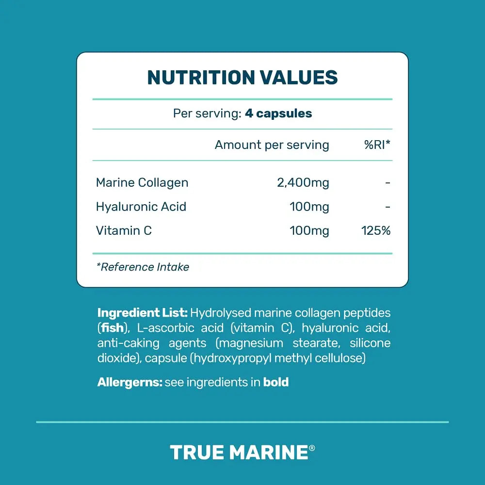TRUE MARINE Collagen Capsules - 2,400mg of Marine Collagen with Hyaluronic Acid & Vitamin C - Skin, Hair, Nails & Joint Support TRUE MARINE