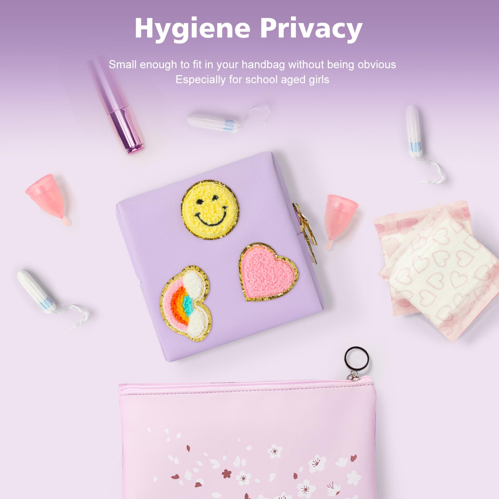 Preppy Patch Period Bag for Teen Aged Girls, Sanitary Napkin Storage Bag, Functional PU Leather Sanitary - AB Mystery