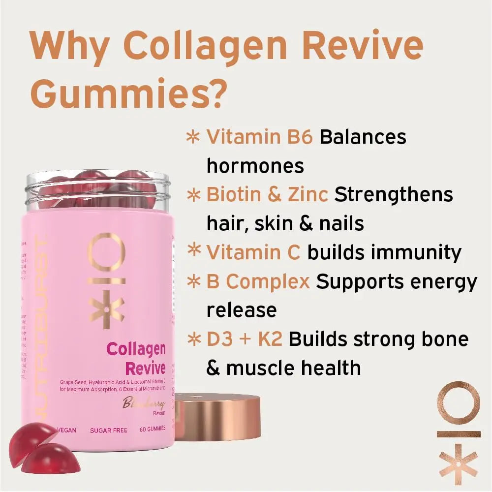 Nutriburst - Vegan Collagen Revive Gummies - Biotin (100µg), Hyaluronic Acid (100mg) + Vitamin C (80mg) Nutriburst