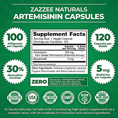 Zazzee High Absorption Artemisinin, 100 mg per Capsule, 120 Vegan Capsules, with 5 mg - AB Mystery