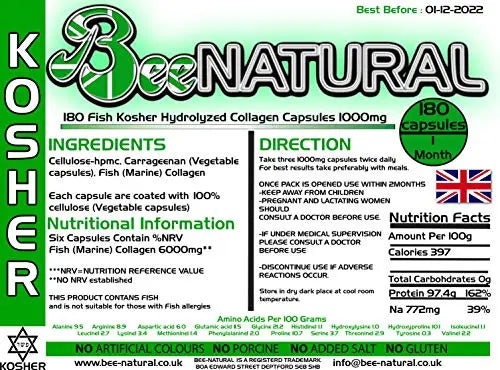Bee-natural Kosher Pure Marine Hydrolyzed Collagen 1000mg 180 Capsules - AB Mystery