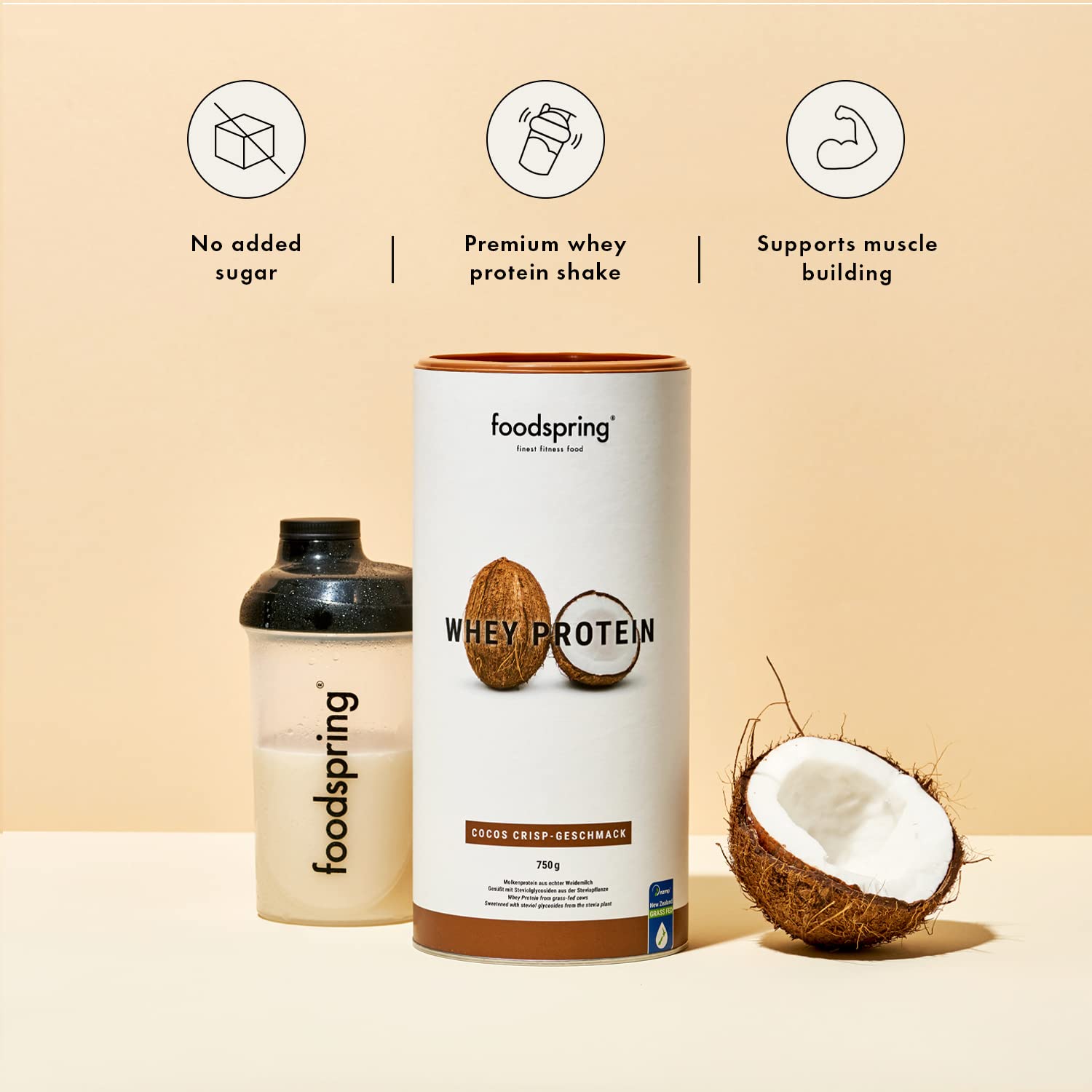 foodspring Whey Protein Powder Coconut – with 23g Protein for Muscle Building, Perfect Solubility, Made from Pasture Milk, Rich in BCAAs & EAAs - 750g foodspring