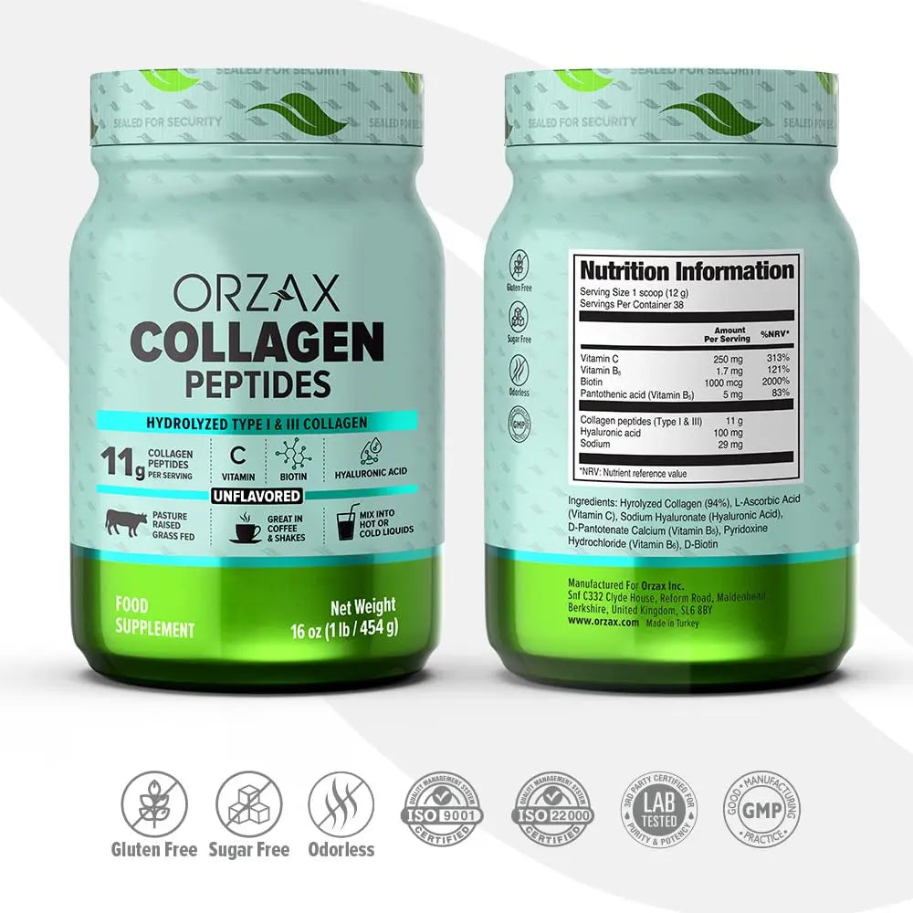 ORZAX Collagen Peptides Powder Unflavored - Hair, Skin and Nails Vitamins - Bone - AB Mystery