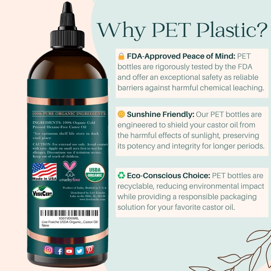 Live Fraiche USDA Organic Cold Pressed Castor Oil (16oz), 100% Pure, Hexane-Free Castor Oil - AB Mystery