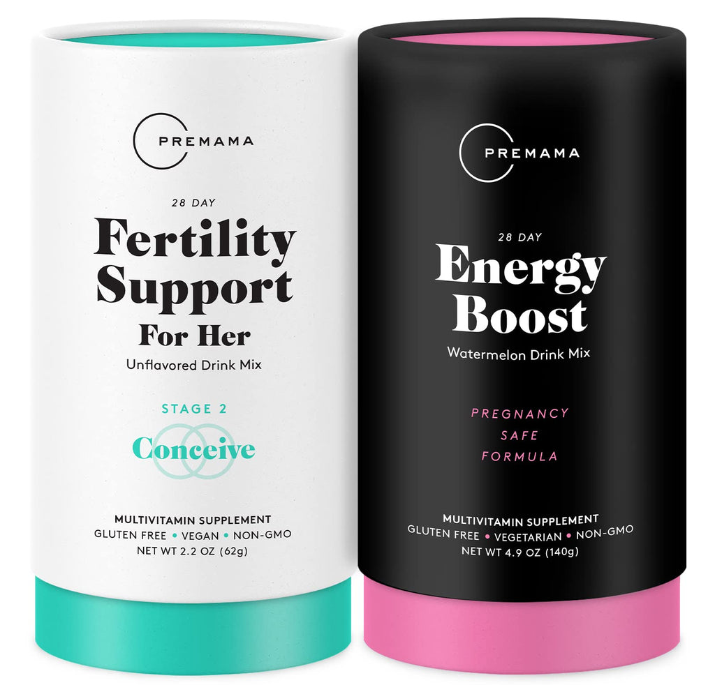 Premama Prenatal Vitamin Energy Boost Drink Mix & Fertility Support Bundle, Omega 3, B Vitamins