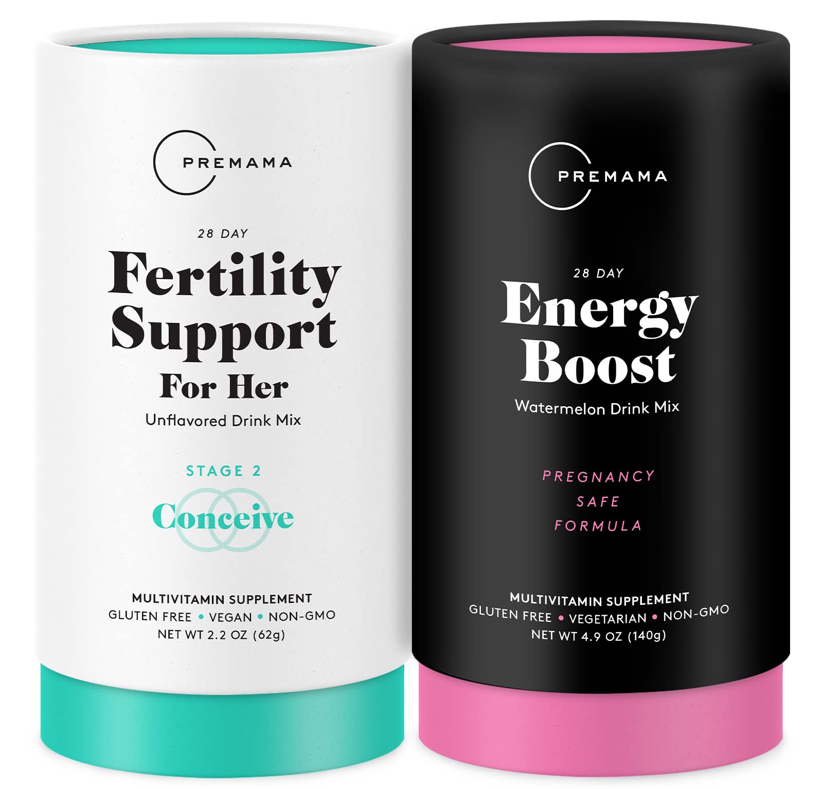 Premama Prenatal Vitamin Energy Boost Drink Mix & Fertility Support Bundle, Omega 3, B Vitamins