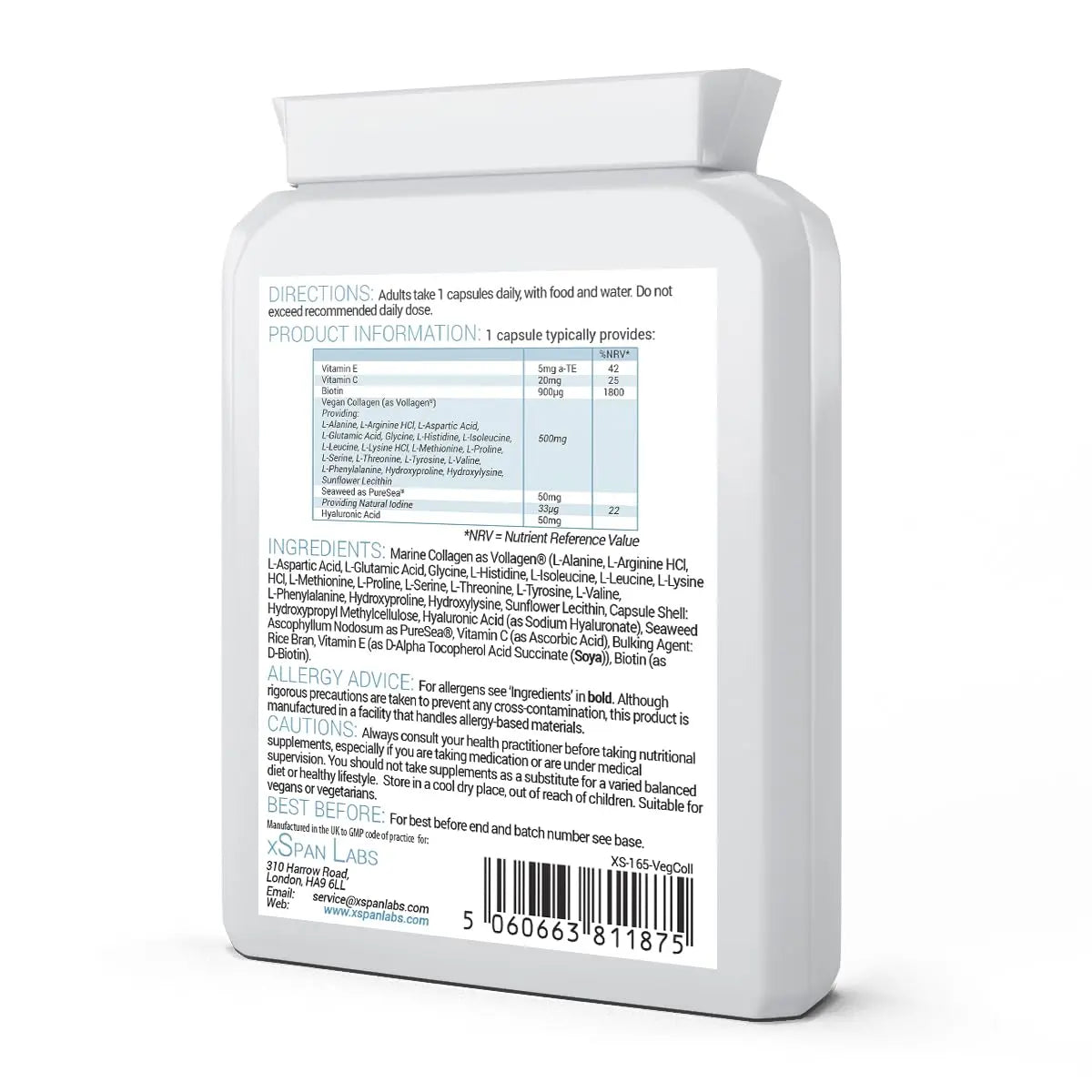 Vegan Collagen & Hyaluronic Acid Complex - 60 Capsules - Effective Skin, Hair & Nails Formula Xspan Labs