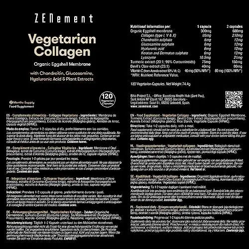 Vegetarian Collagen, from Organic Eggshell Membrane, 120 Capsules | with Glucosamine, Chondroitin, Hyaluronic Acid and Plant Extracts Zenement
