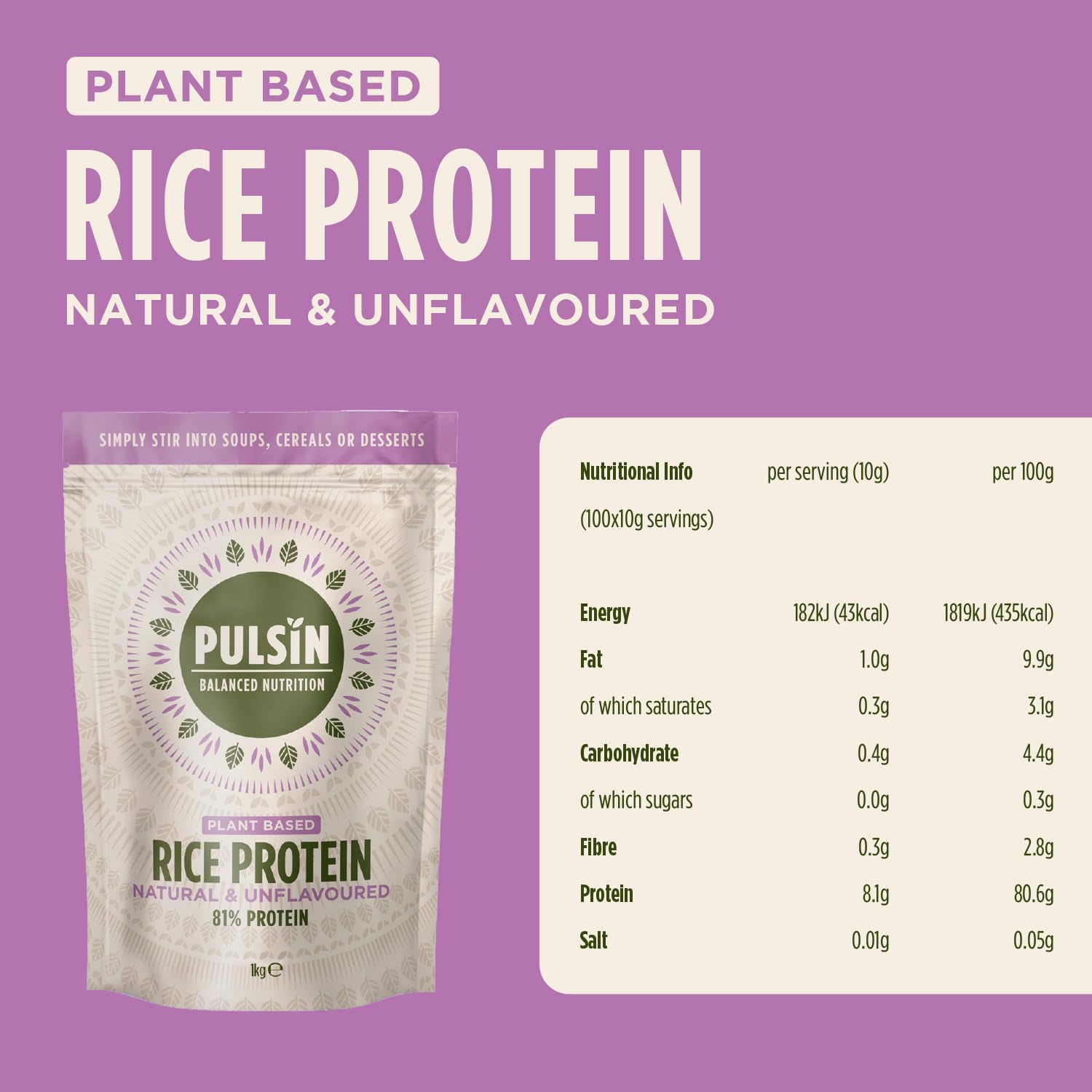 Pulsin - Natural & Unflavoured Vegan Rice Protein Powder - 1kg - 8.1g Protein, 0.4g Carbs, 43 Kcal Per Serving Pulsin