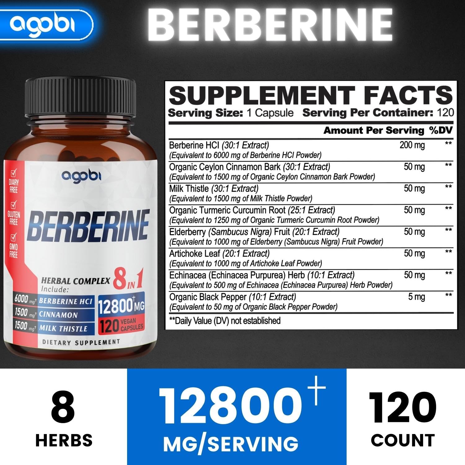 120 Capsules - Berberine Supplement 12800mg with Ceylon, Milk Thistle, Turmeric - AB Mystery