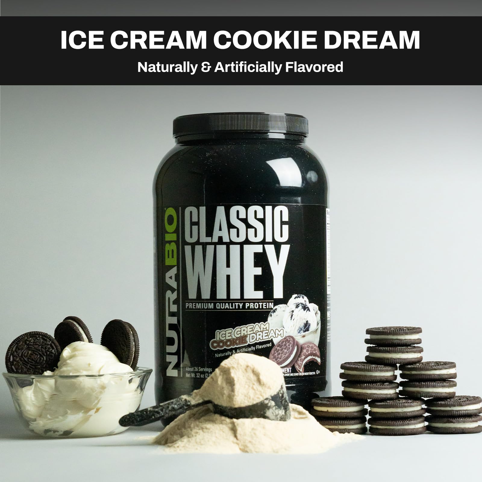 NutraBio Classic Whey Protein Powder- 25G of Protein Per Scoop - Ice Cream Cookie - AB Mystery