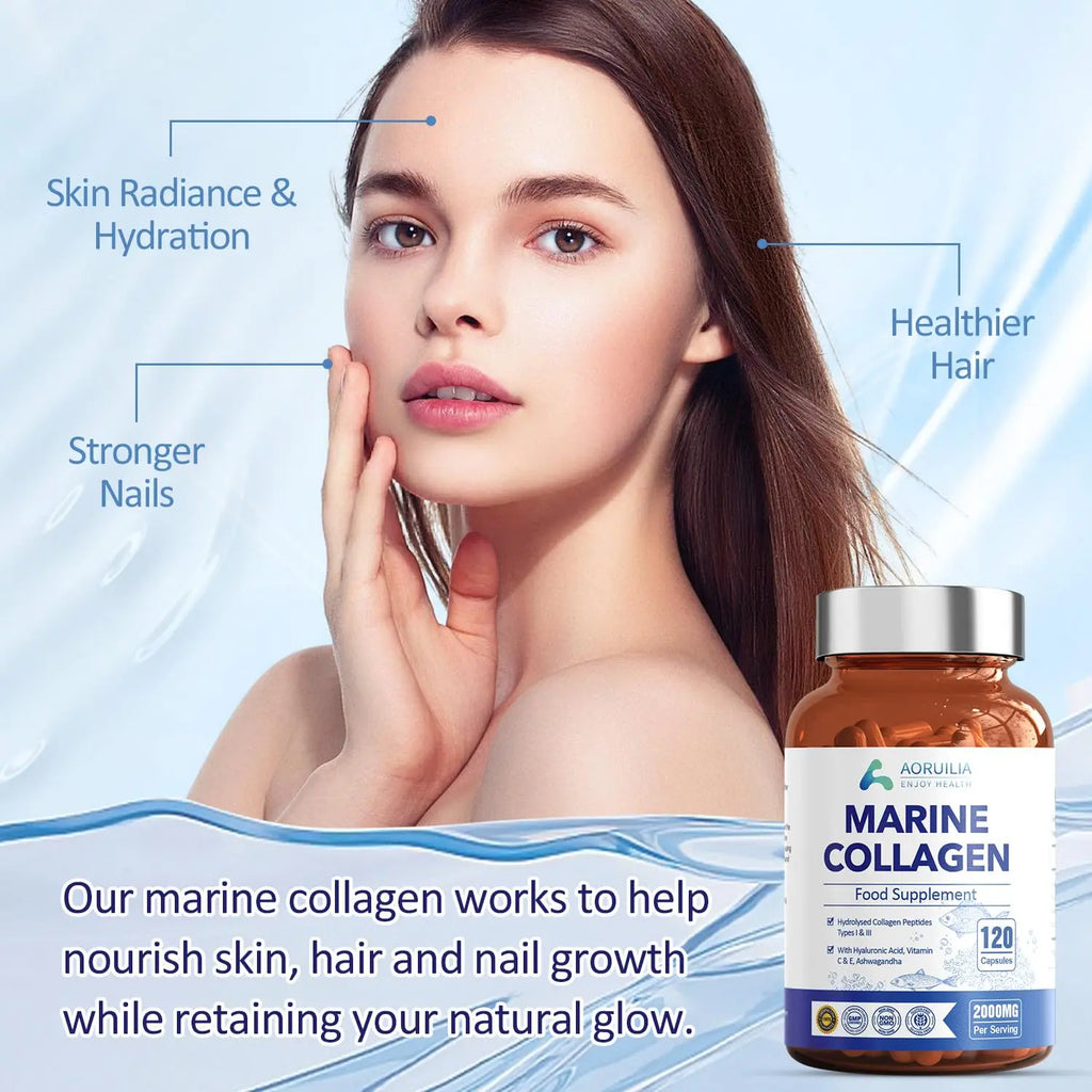 Marine Collagen Supplements for Women Men 2000mg 120 Capsules Hyaluronic Acid, Vitamin C, Vitamin E, & Ashwagandha Aoruilia