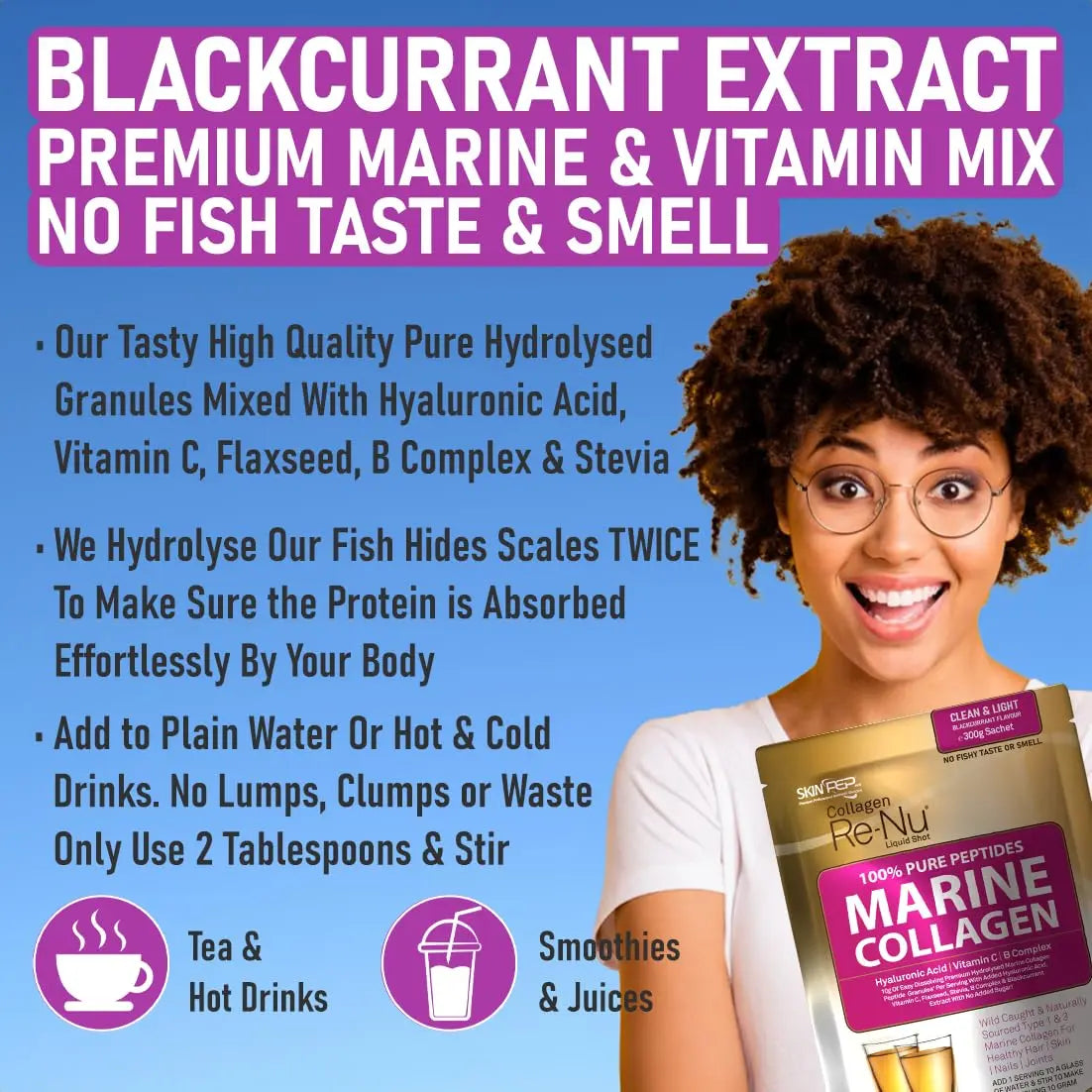 Premium Hydrolysed Marine Collagen Peptide Powder + VIT C, B Complex Hyaluronic Acid, & Stevia. Delicious Taste/No Fishy Smell - SkinPep® Collagen Re-Nu 300g - 30 Days Supply - AB Mystery