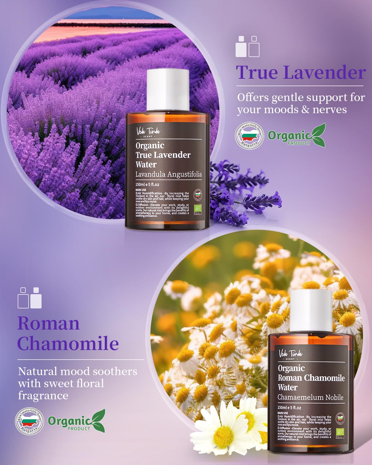 VTS Organic Lavender Water and Roman Chamomile Floral Water with Diffuser, Aromatherapy Air - AB Mystery