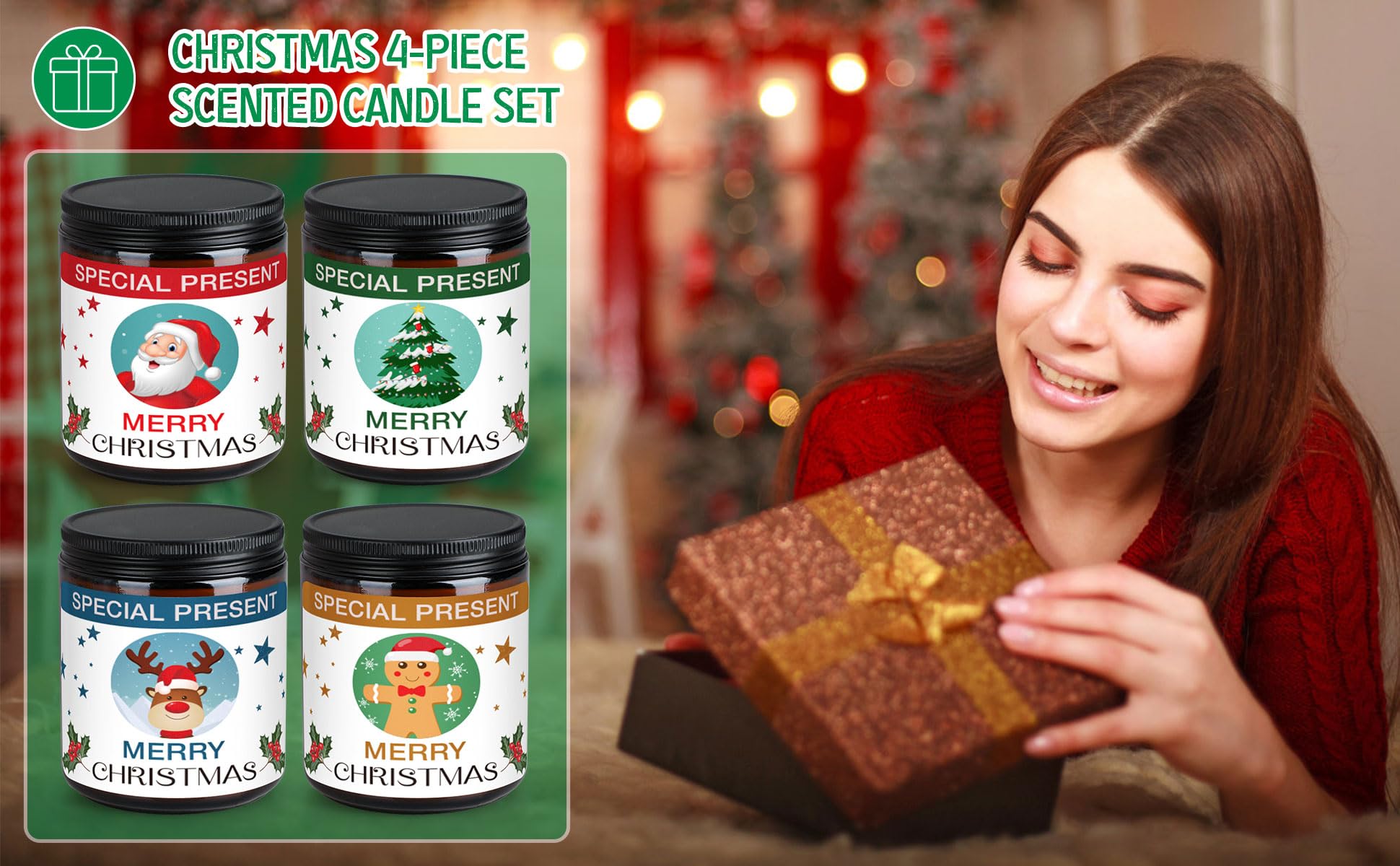 Christmas Candle Set Scented Candle Gift Set, 4 Pack 28 oz Christmas Scented Candles Over 180 Hours - AB Mystery