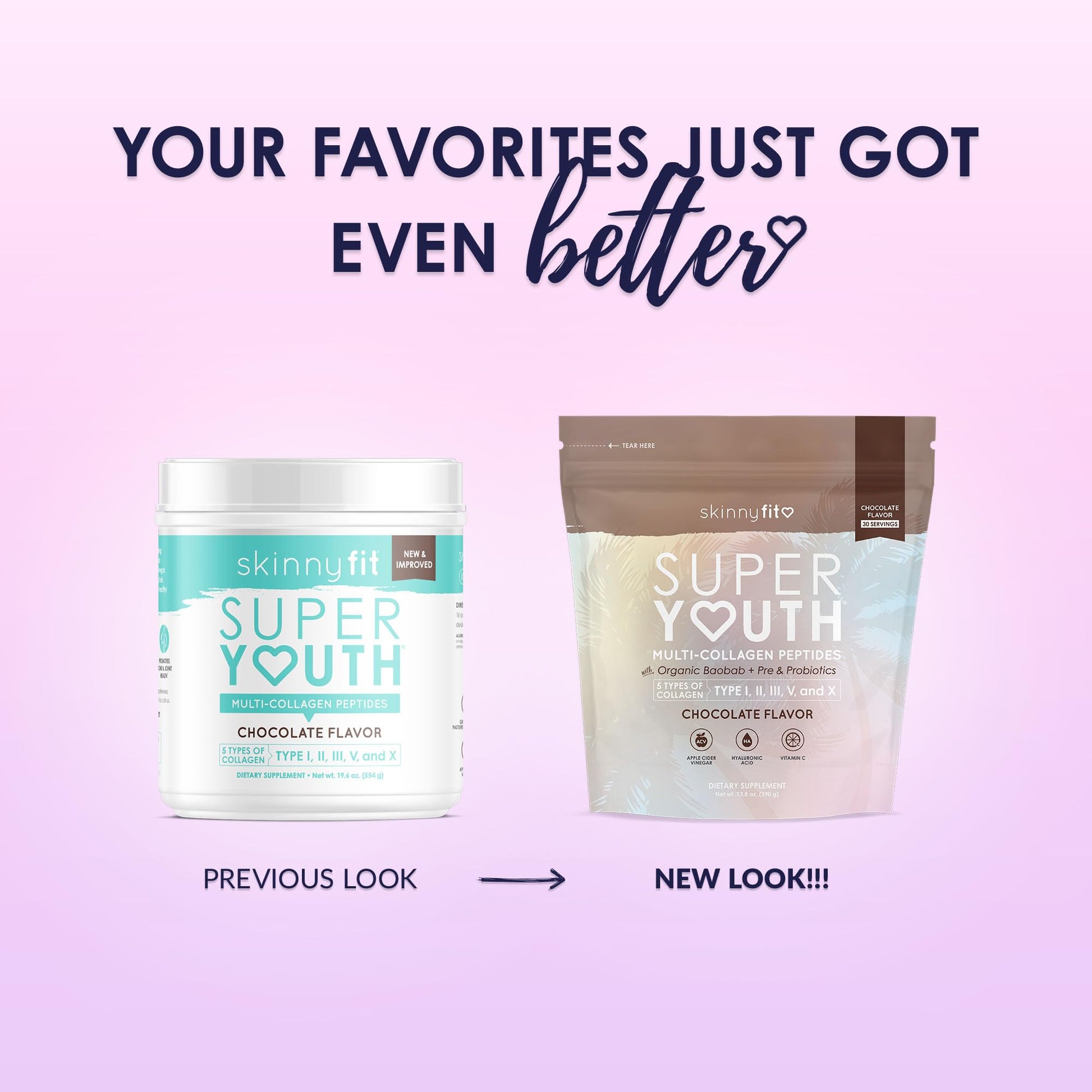 SkinnyFit Super Youth Chocolate Multi-Collagen Peptides + Probiotics, Baobab Fiber - AB Mystery