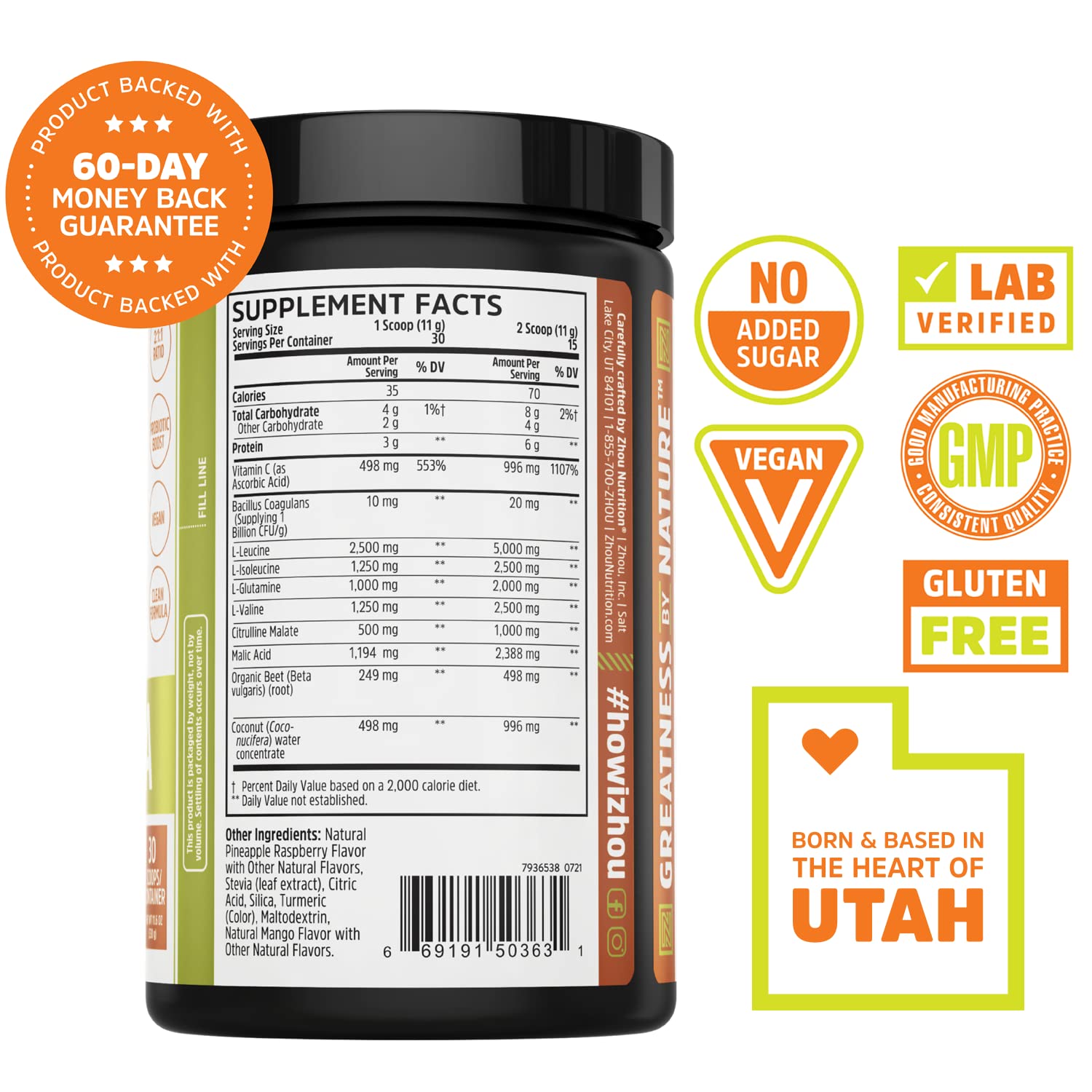 Zhou Nutrition Muscle BCAA Powder, Vegan Muscle Recovery, Natural, Clean Formula - AB Mystery