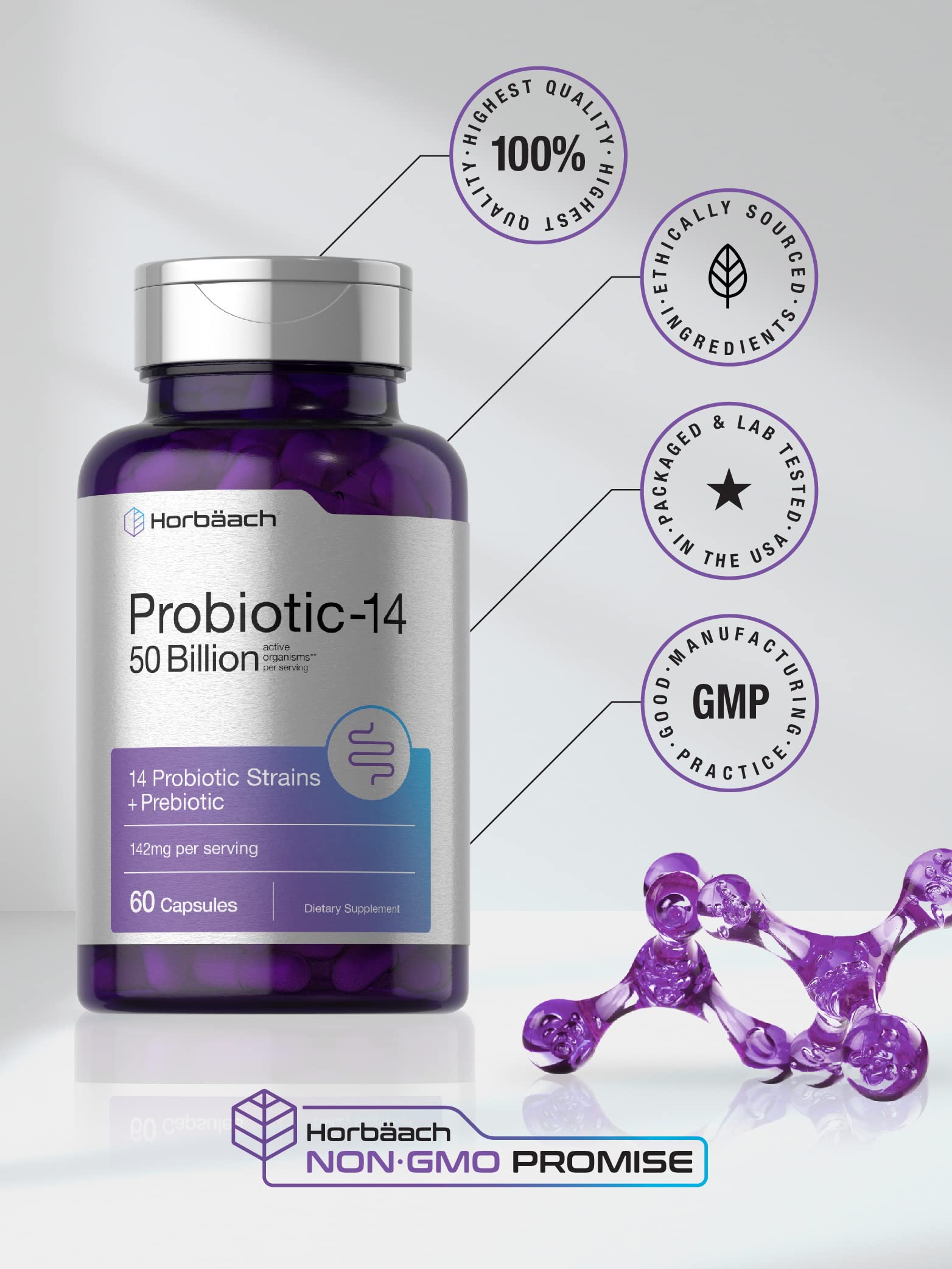 Horbäach Probiotics with Prebiotics | 60 Capsules | 50 Billion Active Organisms | Non-GMO - AB Mystery