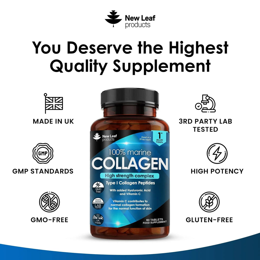 Pure Marine Collagen 100% Marine Collagen Type 1 1500mg - Hydrolysed Collagen Peptides Enhanced with Hyaluronic Acid & Vitamin C NEW LEAF PRODUCTS