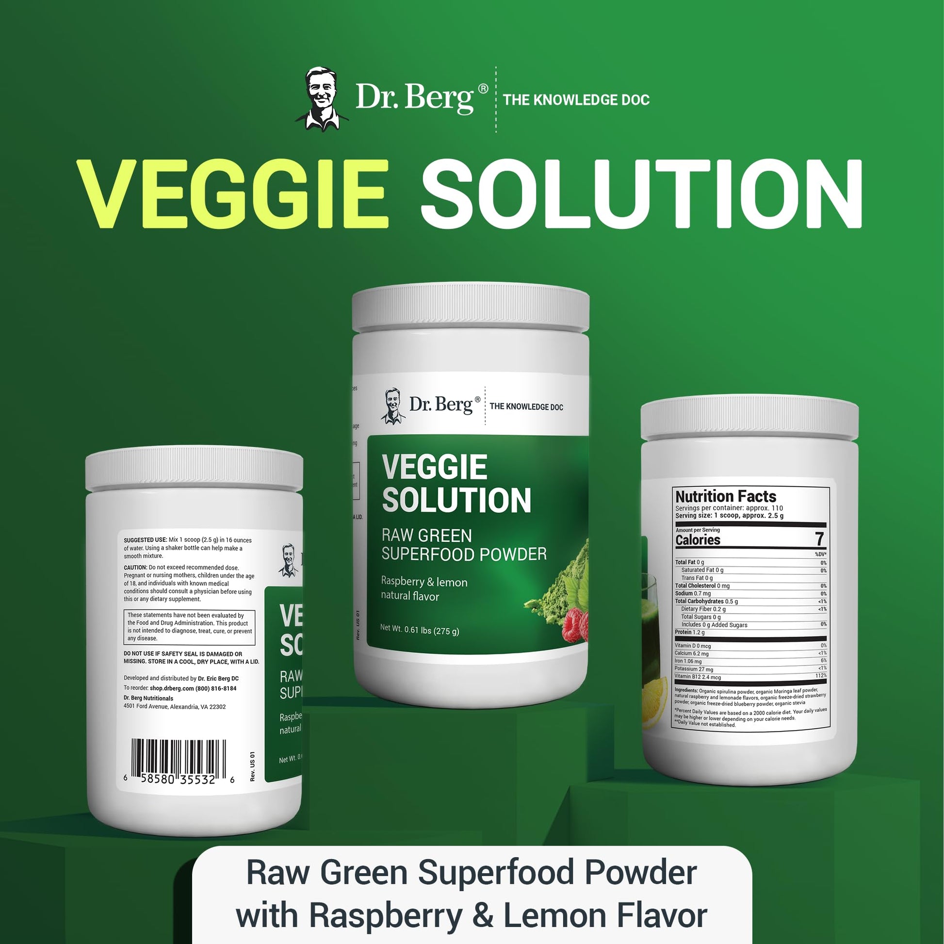 Dr. Berg's (Veggie Solution) Organic Super Greens Powder w/Spirulina - Raw Green - AB Mystery